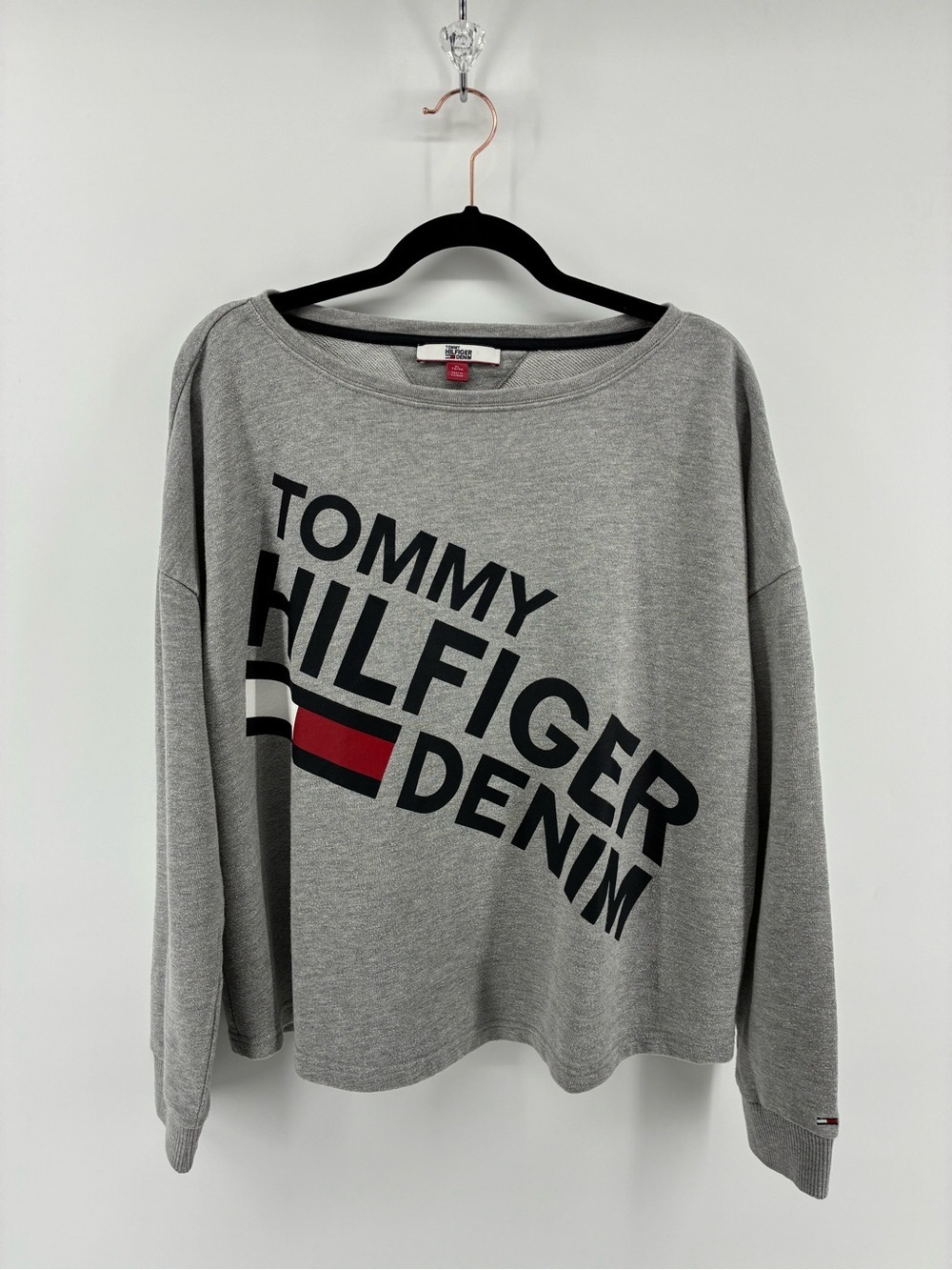 Tommy Hilfiger Gray Crewneck with Diagonal Logo and Flag Stripe